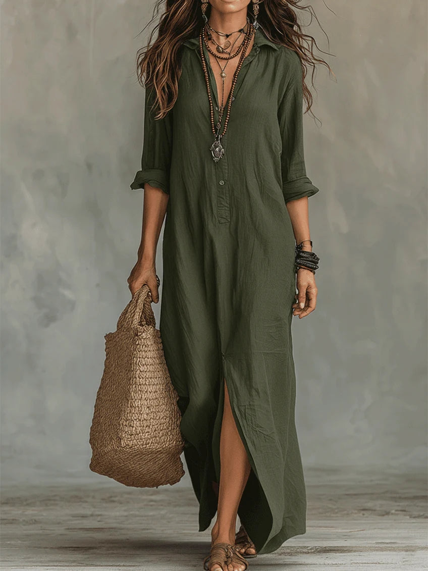 Soline | Black Long Flowing Dress with Buttons
