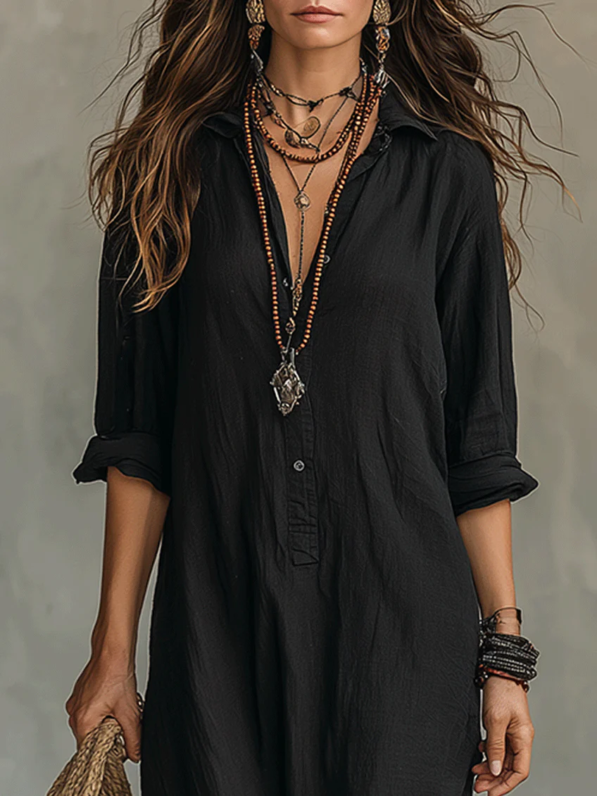 Soline | Black Long Flowing Dress with Buttons